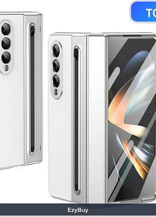 Чохол зі склом та стилусом для z fold4 білий, захисний кейс з підтримкою шарніра для fold4 із pu-шкіри та pc