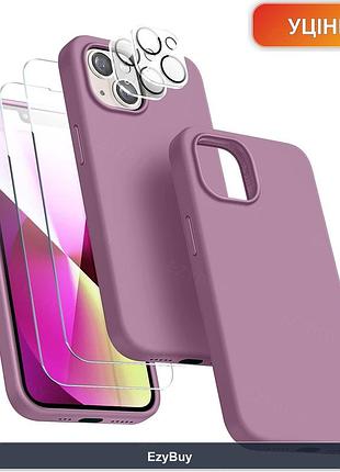 Набор 4 в 1 для iphone 13: жидкий силиконовый чехол, два защитных стекла и линза камеры, цвет фиолетовый