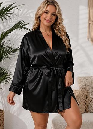 Жіночий атласний халат 3xl 4xl чорний халати батальні короткі plus size mr.loveer 4xl