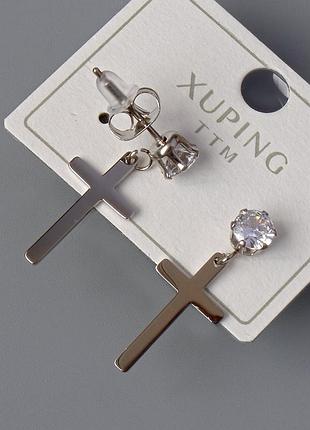 Серьги пусеты "крест" xuping с белым кристаллом d-10х18мм l-24,5мм+- родий