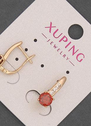 Серьги xuping с белыми стразами и красными камнями d-6мм+- l-16мм+- позолота 18к