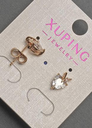 Серьги пусеты шарики xuping сердце с белым кристаллом d-7х10мм+- позолота 18к