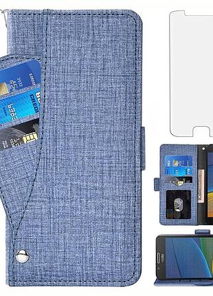 Чохол, asuwish для moto g5 (5") wallet case з загартованим склом, шкіряний фліп, 6 слотів для карт, підставка, синій