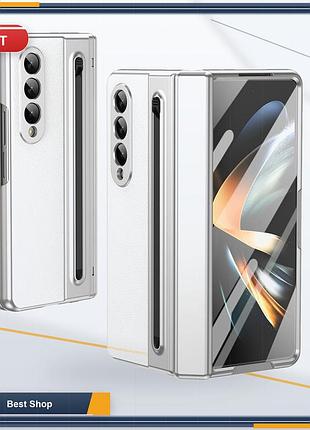 Чохол-книжка для samsung galaxy z fold4 зі захистом шарніра, тримачем та стилусом, шкіряний з захисним склом, білий