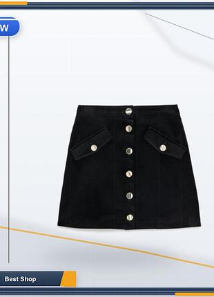 Мініспідниця zara жіноча чорна оксамитова із золотистими ґудзиками, коротка модель з високою посадкою, розмір xl