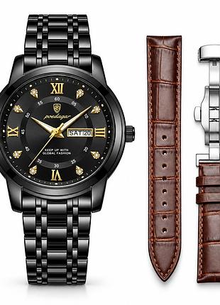 Мужские кварцевые часы poedagar unique men black leather с минеральным стеклом, 2 ремешка
