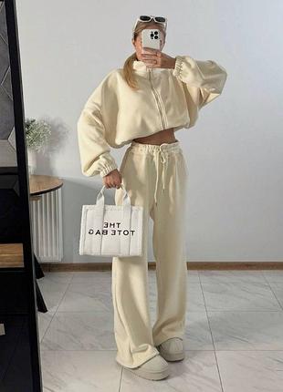 Женский теплый флисовый костюм oversize кофта с карманами и штаны св беж