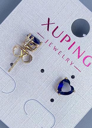 Серьги пусеты серьги пульчики xuping сердце с синим камнем 6мм+- позолота 18к