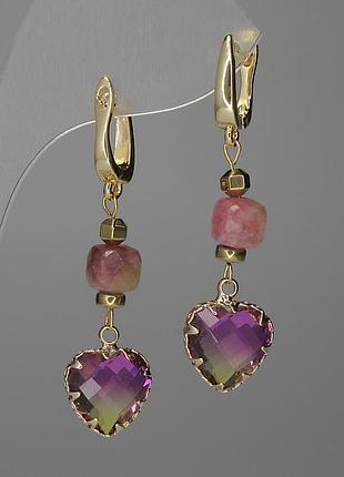 Серьги турмалин граненый кубик 8мм+сердце 12мм+- l-47мм+-