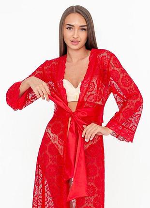 Женский гипюровый длинный халат красный serenade 783 с поясом s