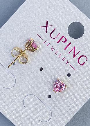 Серьги пусеты серьги пульчики xuping сердце с розовым камнем 5мм+- позолота 18к
