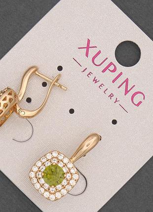 Серьги xuping с белыми стразами и оливковым кристаллом d-12мм+- l-20мм+- позолота 18к