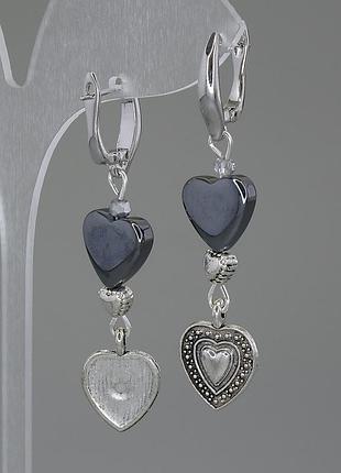 Серьги гематит сердце d-12мм+- l-55мм+-
