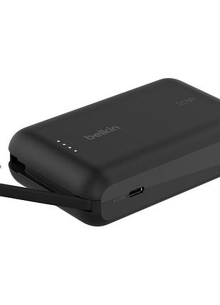 Power bank, belkin boostcharge 10000 mah, pd 20w, з вбудованим usb-c кабелем, 2 порти, чорний, швидка зарядка, led, компактний