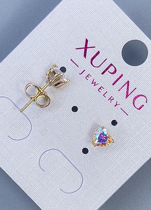 Серьги пусеты серьги пульчики xuping сердце с радужным камнем 6мм+- позолота 18к