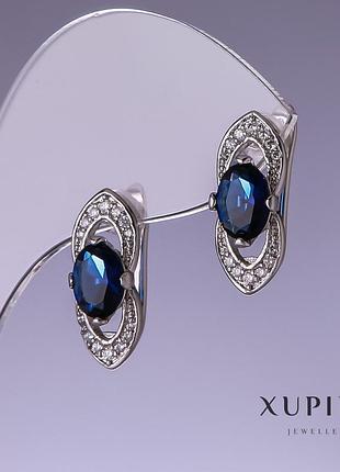 Серьги xuping с синими цирконами 19х8мм родий