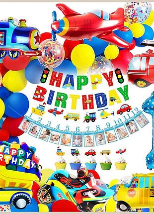 Декорації, izoel 1st birthday комплект для хлопчика: синьо-зелено автотема, кульки, банер 12 фото, фольга №1, 32 латексні топпери