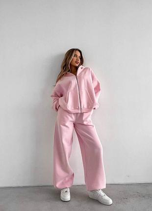 Теплий жіночий спортивний костюм oversize кофта на блискавці та штани барбі, 50-54