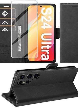 Чохол giyer для samsung galaxy s24 ultra, чорний, pu шкіра, вбудований екран, 3 слоти карт, кишеня, rfid, підставка, захист