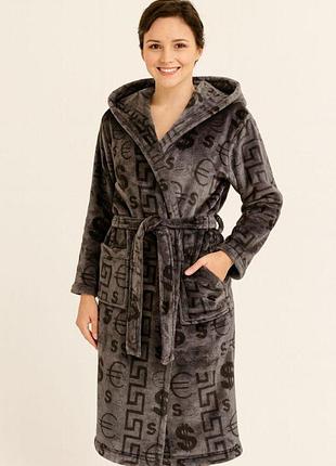Халат женский махровый, серый с принтом, serenade, модель 30 l/xl
