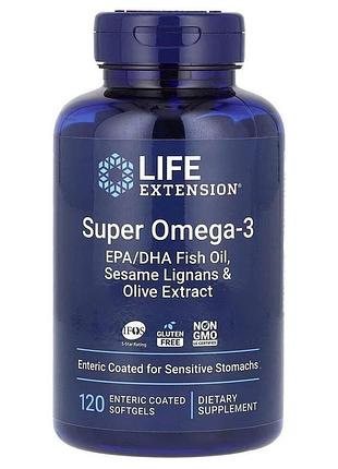Омега-3 life extension super omega-3 enteric coated, 120 капсул для підтримки серця та мозку