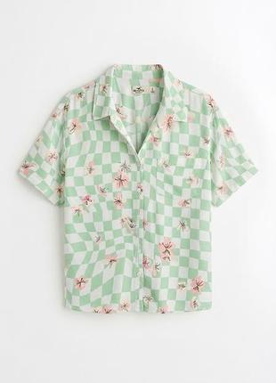 Женская рубашка hollister с принтом в шашечку и цветами / мятная блузка оверсайз