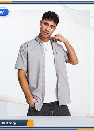 Рубашка мужская с коротким рукавом topman oxford серая, хлопковая рубашка с воротником на пуговицах, разм. xxs