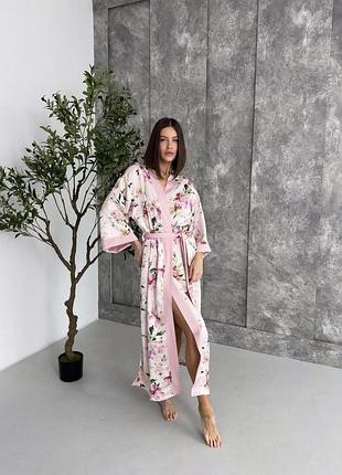 Женский халат кимоно длинный morning bloom розовые цветы на молочном