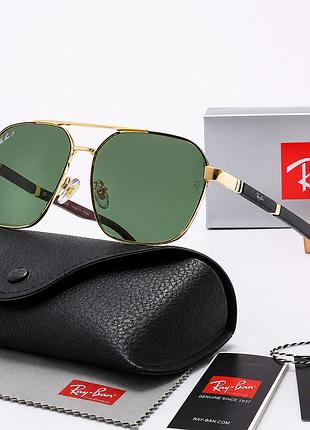 Мужские солнцезащитные очки ray ban polaroid золотая оправа зеленые линзы брендовые очки с поляризацией прямоугольные с чехлом