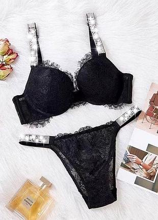 Жіночий комплект ліфчик і труси чорний victoria's secret стильна жіноча спідня білизна зі стразами вікторія сікрет