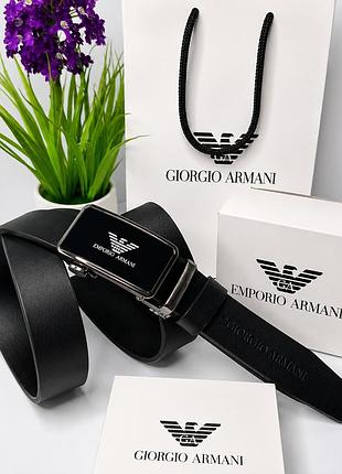 Мужской ремней с автоматической пряжкой armani кожаный черный брендовый пояс с тиснением в подарочной коробочке армани