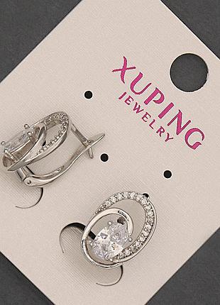 Сережки xuping з білими стразами та кристалом d-11х15мм +- родій