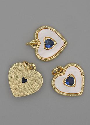 Кулон перламутр сердце 15х15мм+- синий кристалл l-18см+- золотистый металл