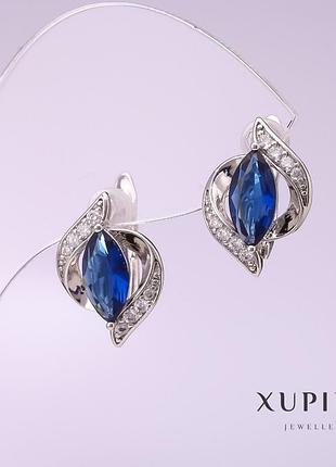 Серьги xuping с синим камнем 11х16мм родий