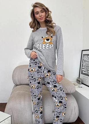 Женская пижама зимняя трендовая для женщин серая с принтом удобная baby leo повседневная хорошего качества с начесом теплая одежда