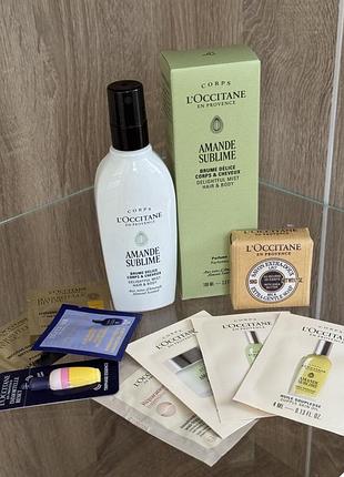L’occitane amande парфумована вуаль для тіла і волосся мигдаль 100мл нова мило 50г.  та пробники кремів для тіла, волосся  та обличчя