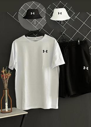 Шорты черные under armour белый лого + футболка белая under armour + панама under armour (панама черная или белая)