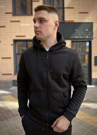 Зимняя базовая однотонная кофта на молнии с начесом черная xxl