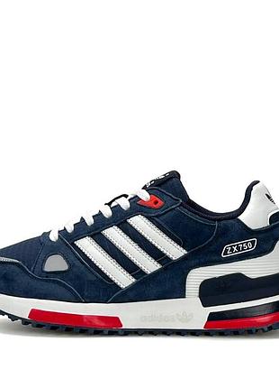 Мужские кроссовки синие adidas zx 750 navy повседневные из натуральной замши и кожи адидас классические на лето весну подошва из пены