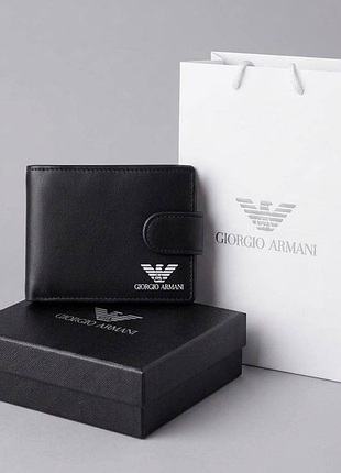 Чоловічий гаманець з натуральної шкіри з застібкою на кнопку armani шкіряне чорне портмоне у подарунковому упакуванні армані