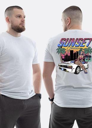 Мужская классическая футболка с принтом sunset goons девушка авто пальмы, белый xl