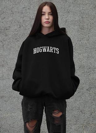 Жіноче оверсайз худі толстовка на флісі з капюшоном та принтом without hogwarts black
