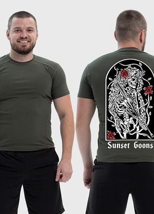 Чоловіча тактична футболка з принтом sunset goons скелет снайпер та троянди, хакі