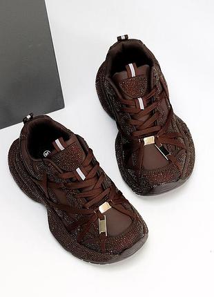 Эффектные молодежные люксовые шоколадные кроссовки в стразах 38 4