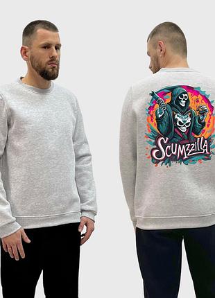 Чоловічий світшот на флісі з принтом scumzilla скелет у балахоні кольоровий арт, сірий
