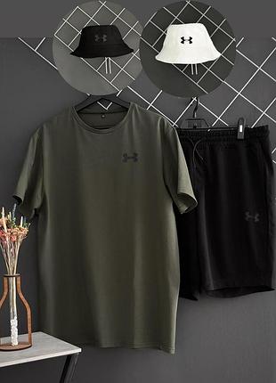 Шорты черные under armour черный лого + футболка хаки under armour + панама under armour (панама черная или белая) m