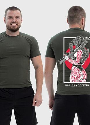 Мужская тактическая футболка с принтом девушка с красными тату в шлеме sunset goons, хаки m