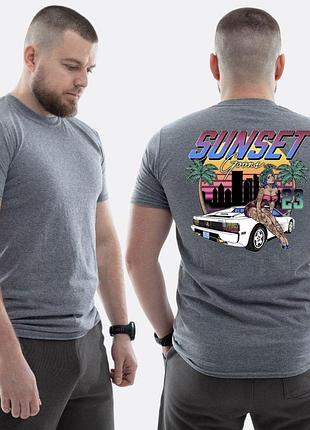 Мужская классическая футболка с принтом sunset goons девушка авто пальмы, мокрый асфальт l