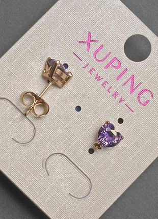 Серьги пусеты пульсеты пульчики xuping сердце с фиолетовым кристаллом d-7мм+- позолота 18к