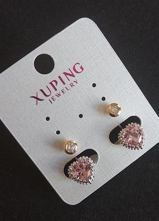 Серьги xuping сердца с розовыми стразами 20х10мм позолота 18к, родий